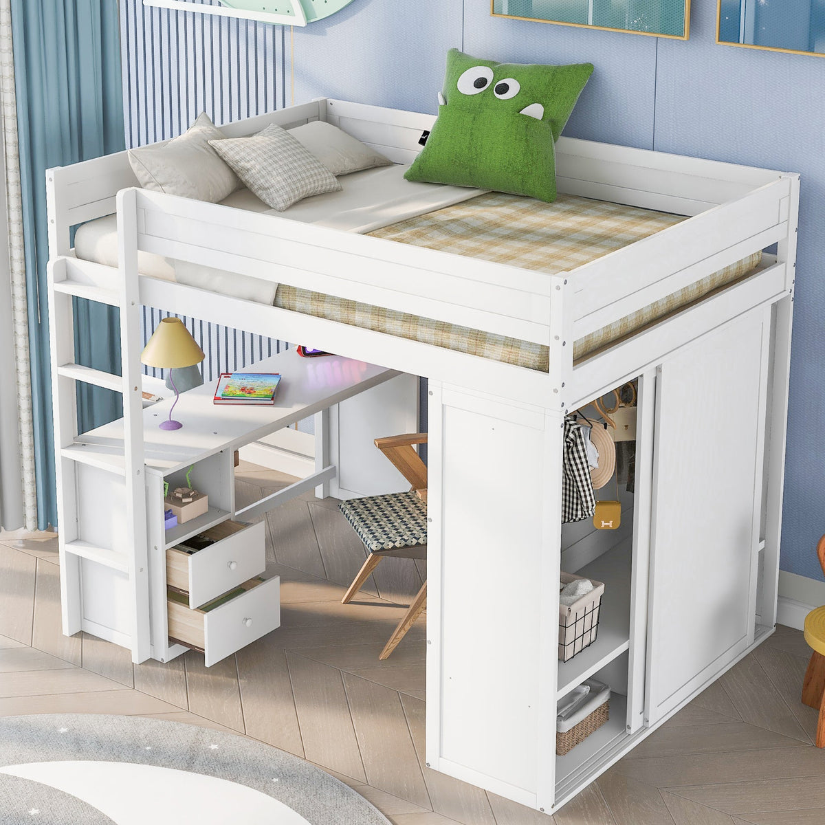 Full Size Loft Bed with Desk and Wardrobe, White Wood