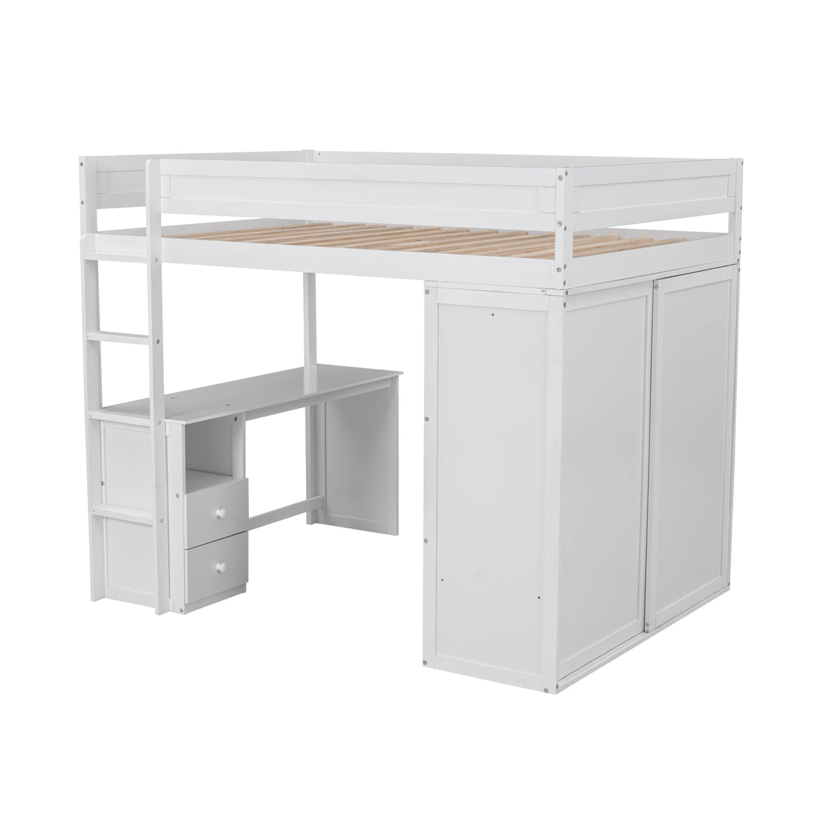 Full Size Loft Bed with Desk and Wardrobe, White Wood
