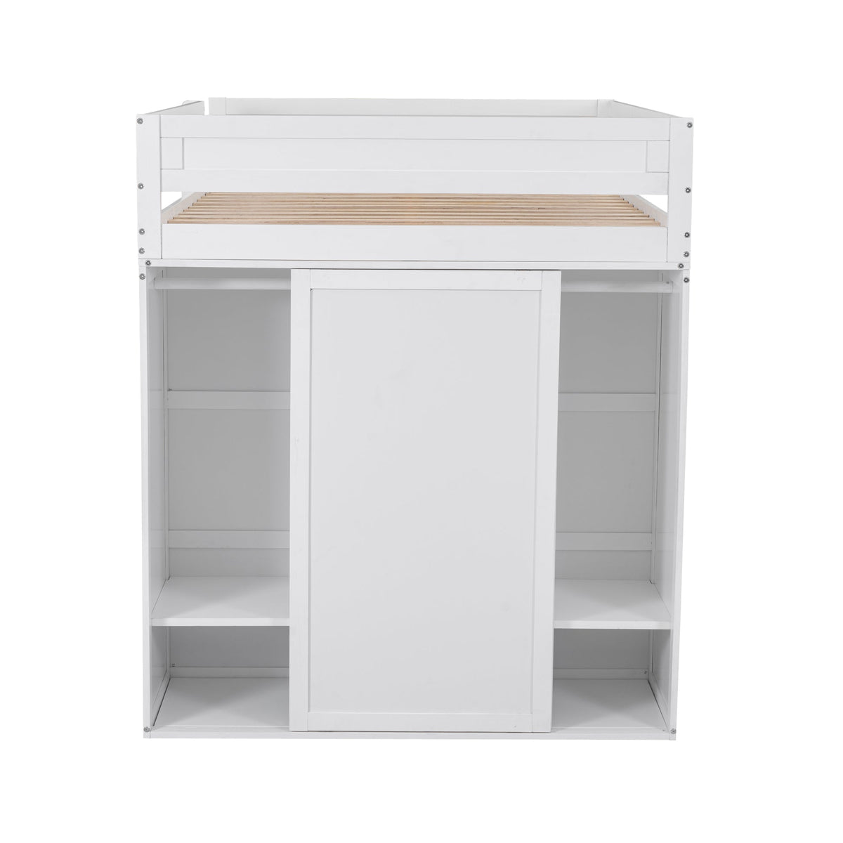 Full Size Loft Bed with Desk and Wardrobe, White Wood