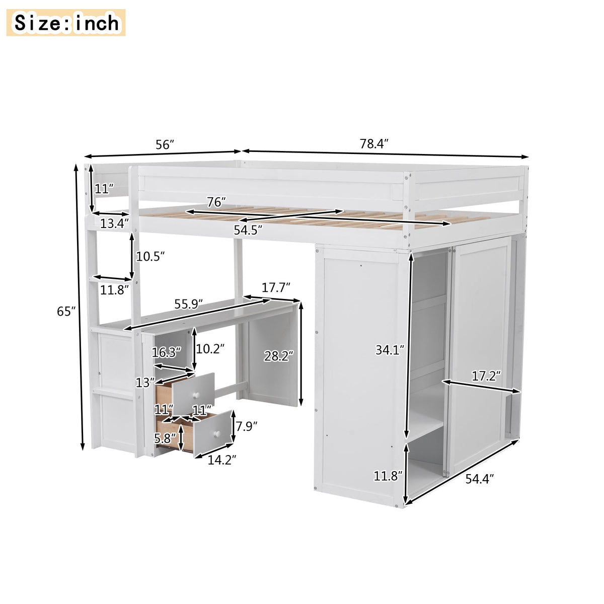 Full Size Loft Bed with Desk and Wardrobe, White Wood