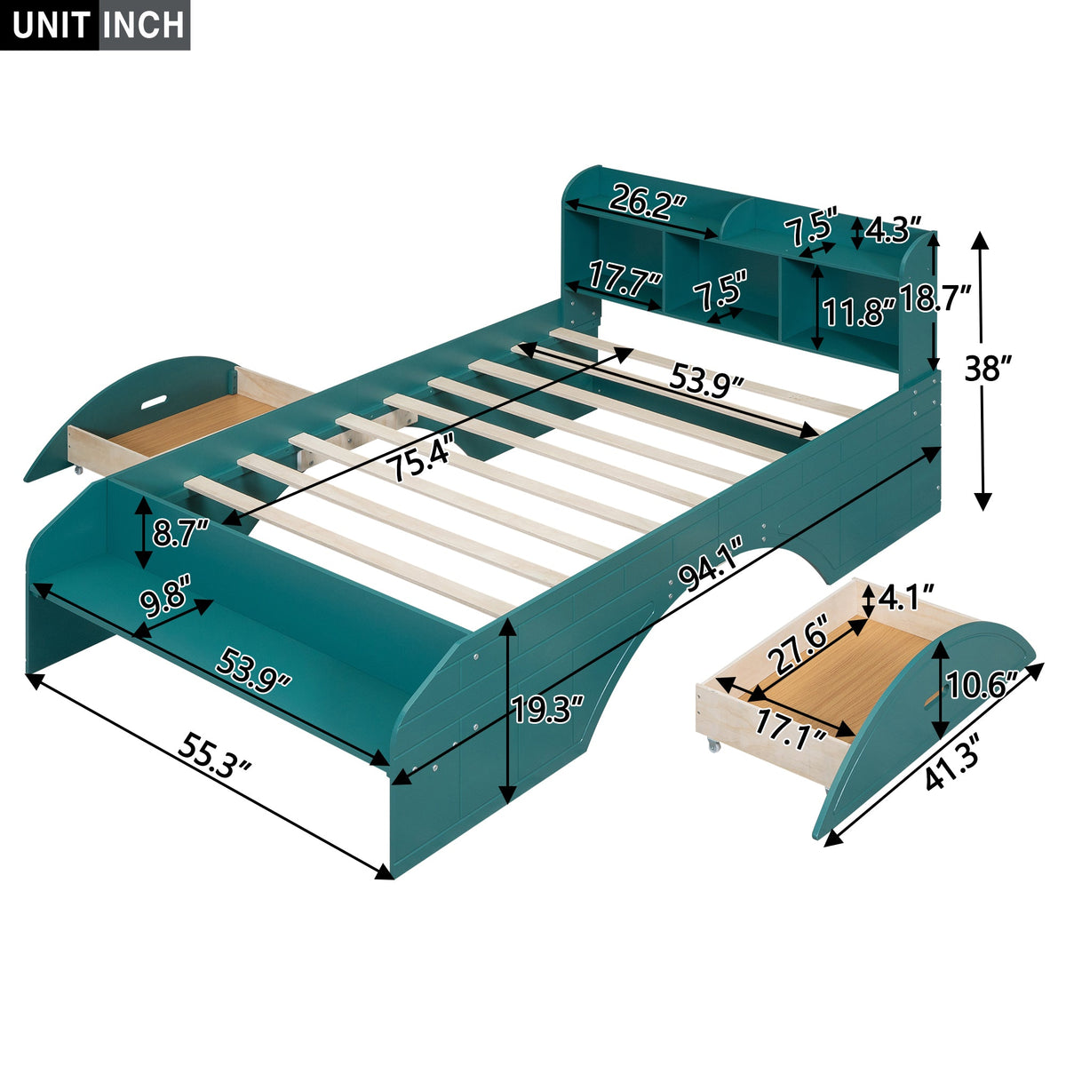 Full Size Platform Bed with Drawers & Bookshelf Headboard