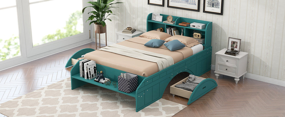 Full Size Platform Bed with Drawers & Bookshelf Headboard