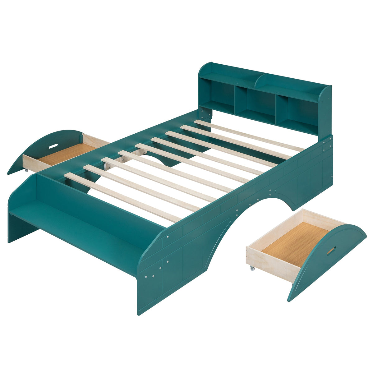 Full Size Platform Bed with Drawers & Bookshelf Headboard