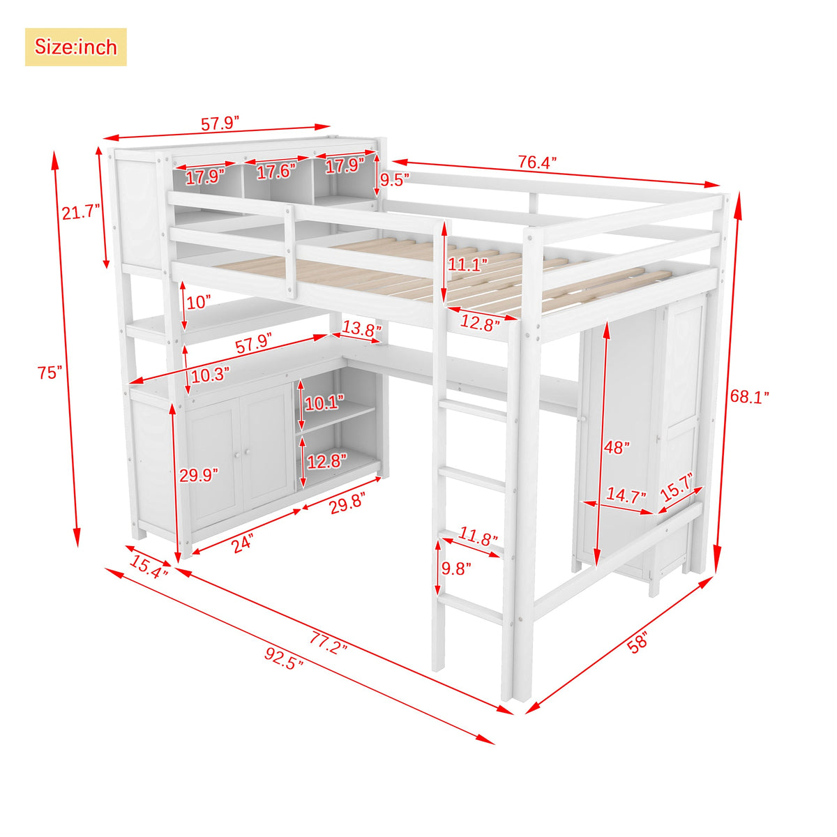 Full Size Kids Loft Bed with Desk, Wardrobe & Shelves