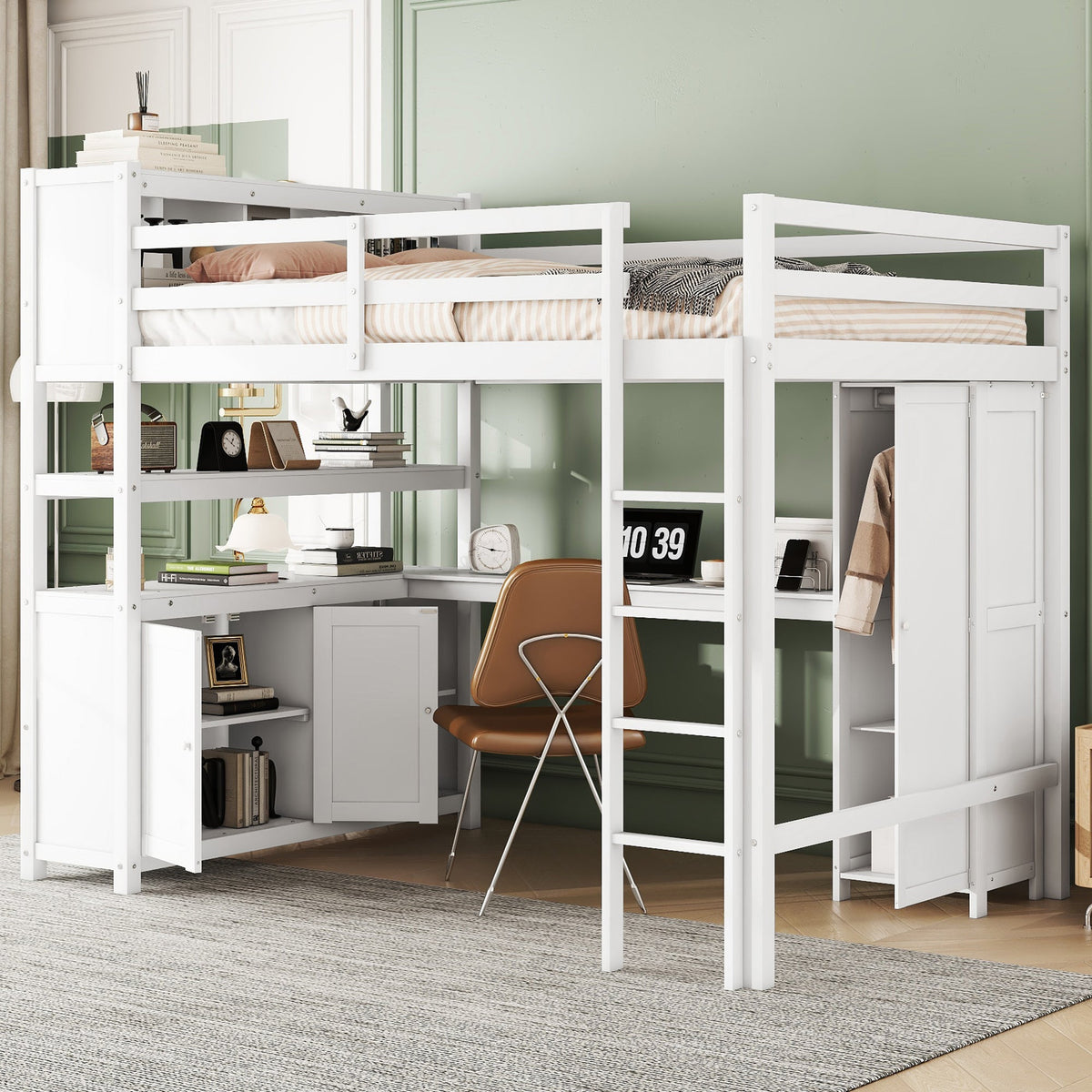 Full Size Kids Loft Bed with Desk, Wardrobe & Shelves
