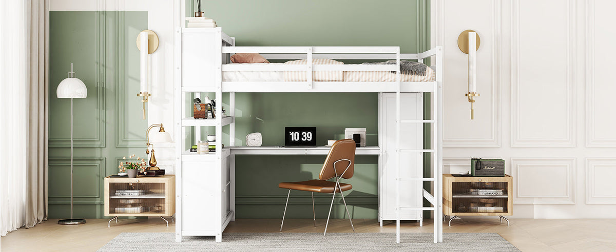 Full Size Kids Loft Bed with Desk, Wardrobe & Shelves