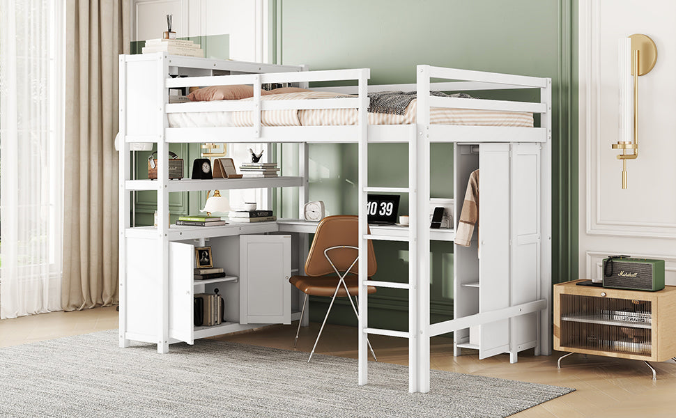 Full Size Kids Loft Bed with Desk, Wardrobe & Shelves