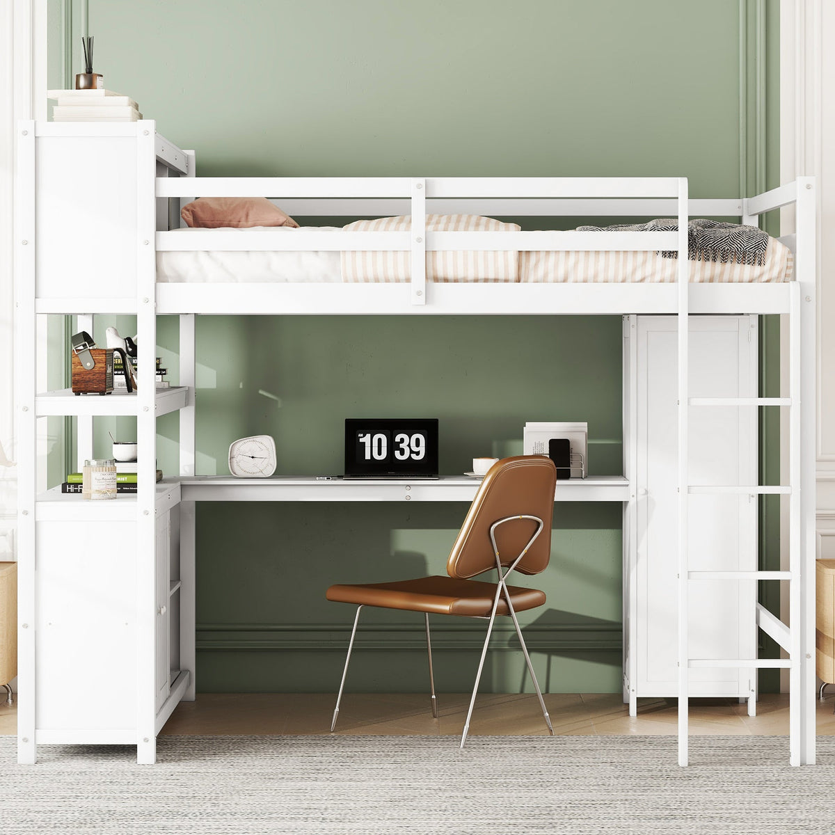 Full Size Kids Loft Bed with Desk, Wardrobe & Shelves