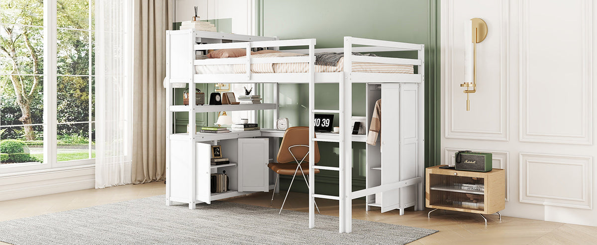 Full Size Kids Loft Bed with Desk, Wardrobe & Shelves