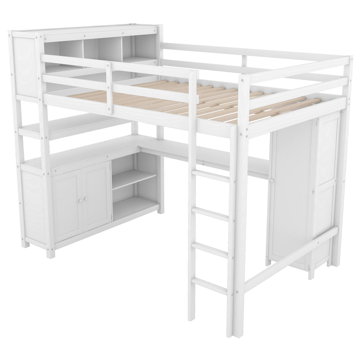 Full Size Kids Loft Bed with Desk, Wardrobe & Shelves