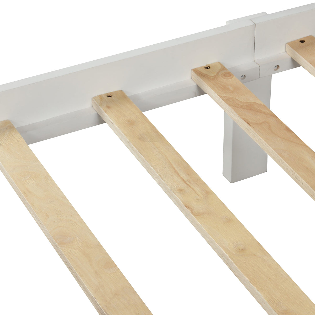 Full Size White Wood Platform Bed with Slatted Headboard