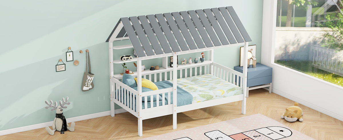 Twin House Bed Frame with Roof, Guardrail & Shelves