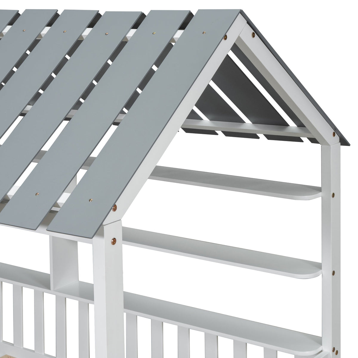 Twin House Bed Frame with Roof, Guardrail & Shelves
