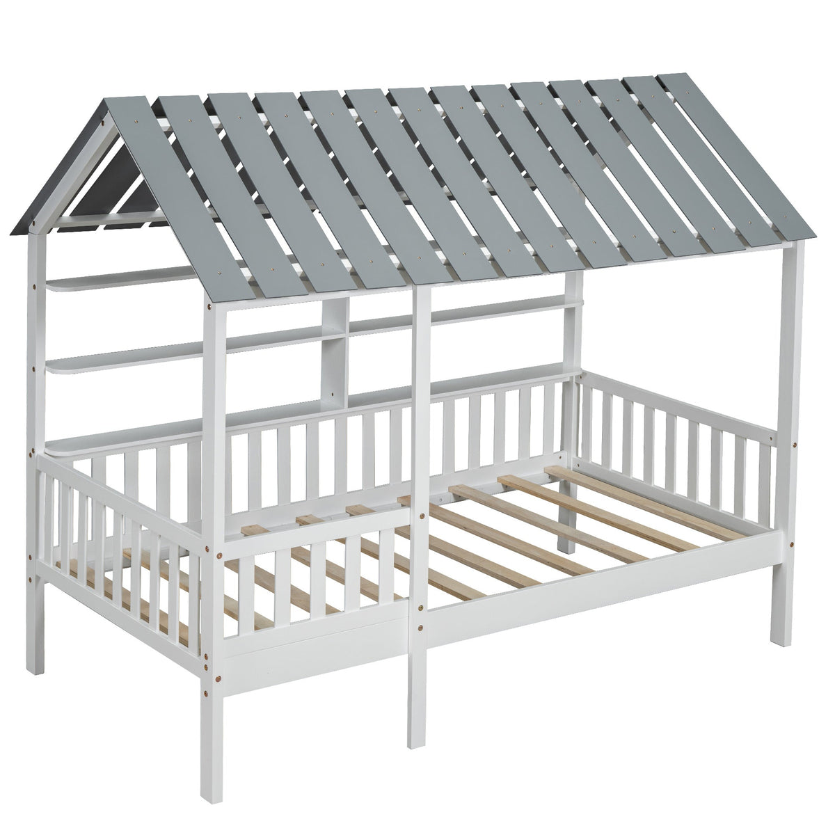 Twin House Bed Frame with Roof, Guardrail & Shelves