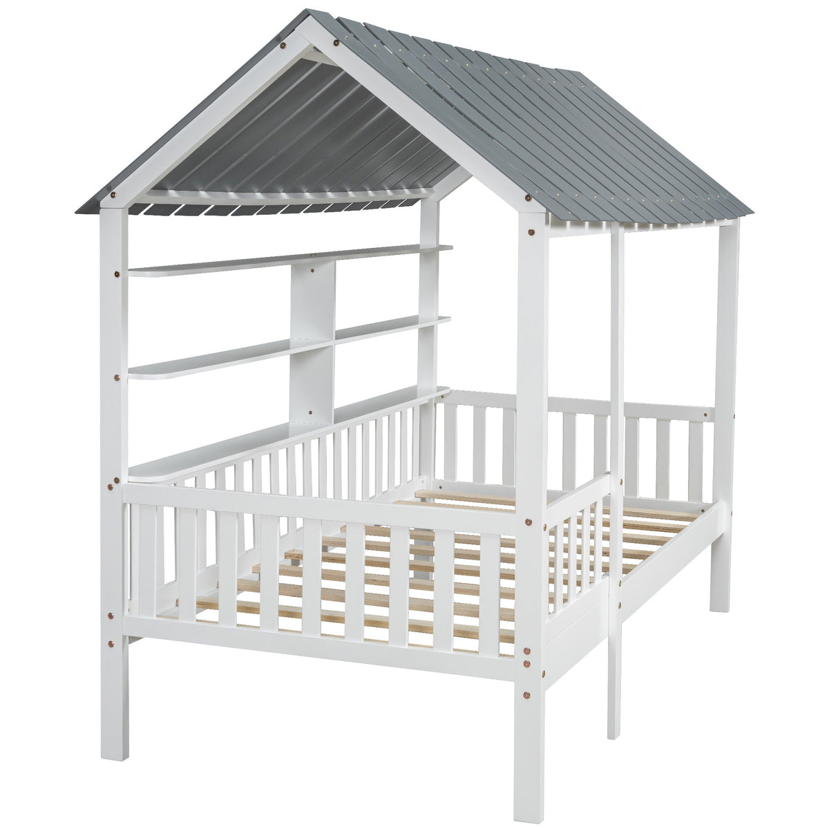 Twin House Bed Frame with Roof, Guardrail & Shelves