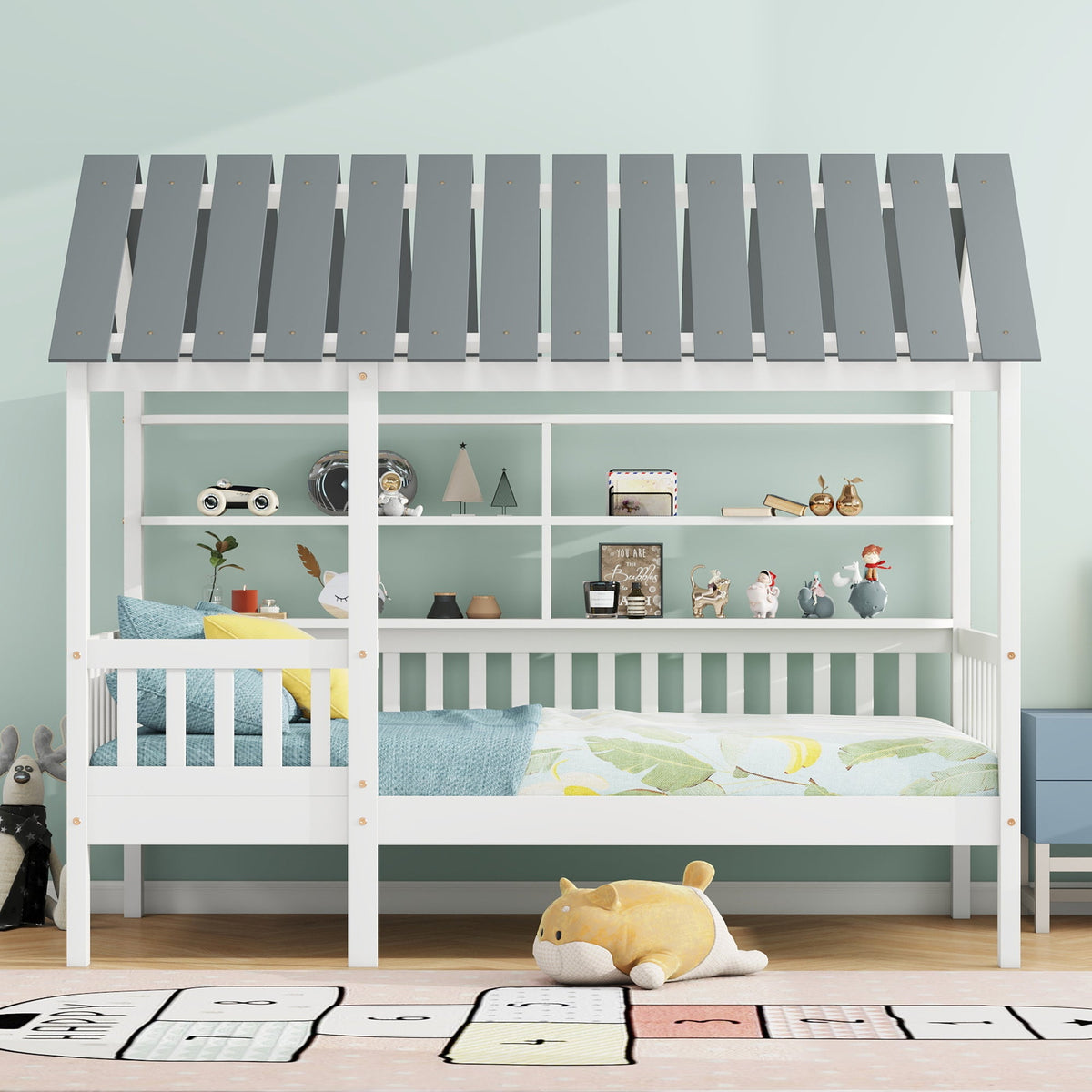 Twin House Bed Frame with Roof, Guardrail & Shelves