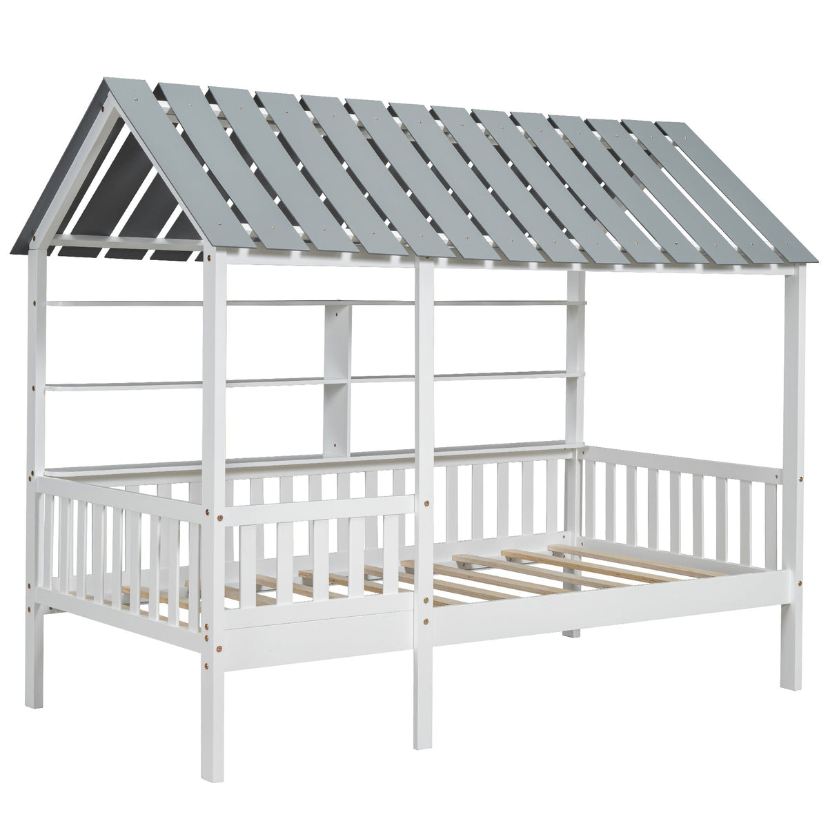 Twin House Bed Frame with Roof, Guardrail & Shelves