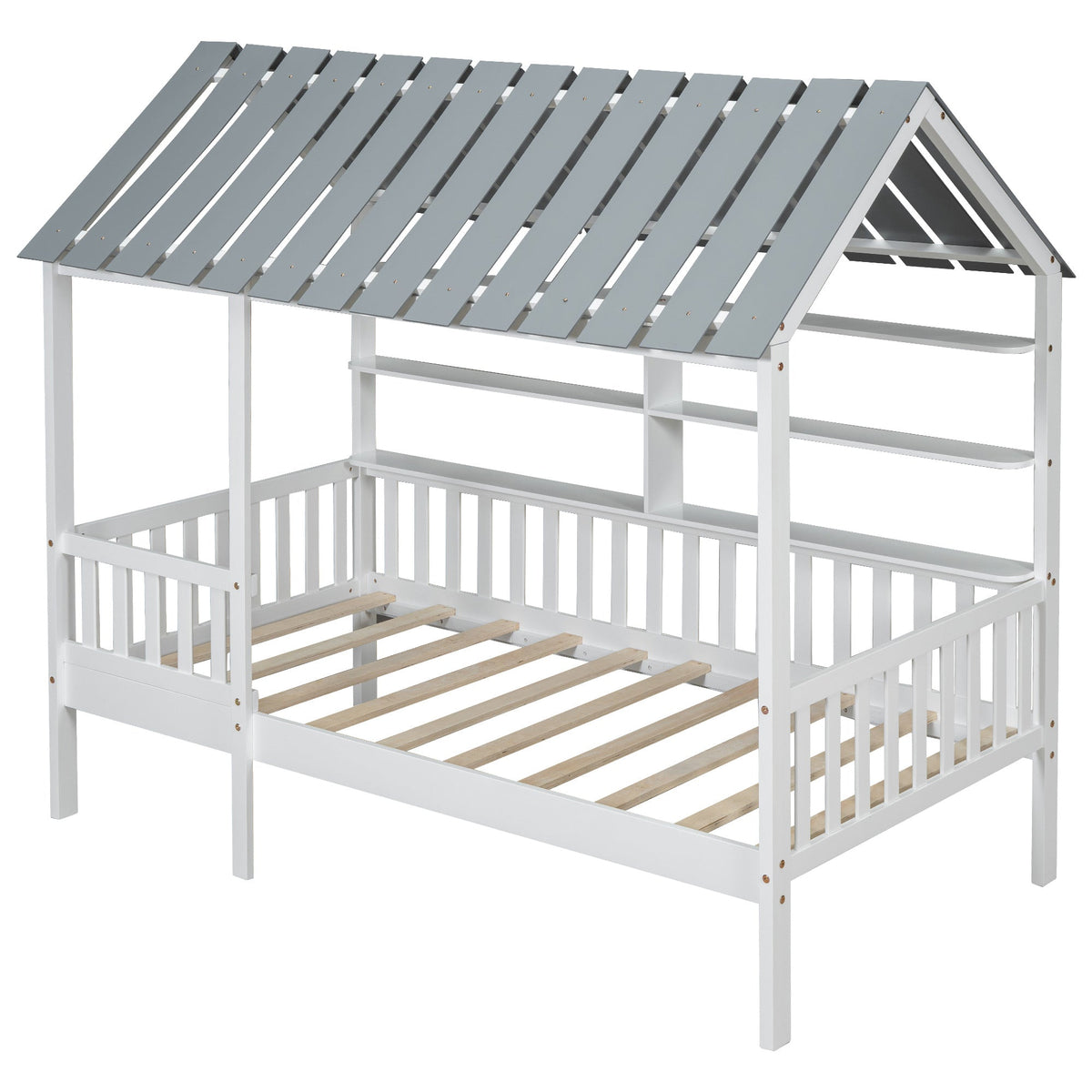 Twin House Bed Frame with Roof, Guardrail & Shelves