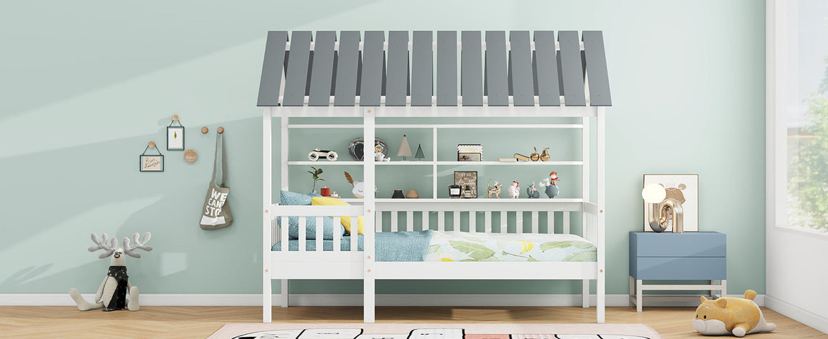 Twin House Bed Frame with Roof, Guardrail & Shelves