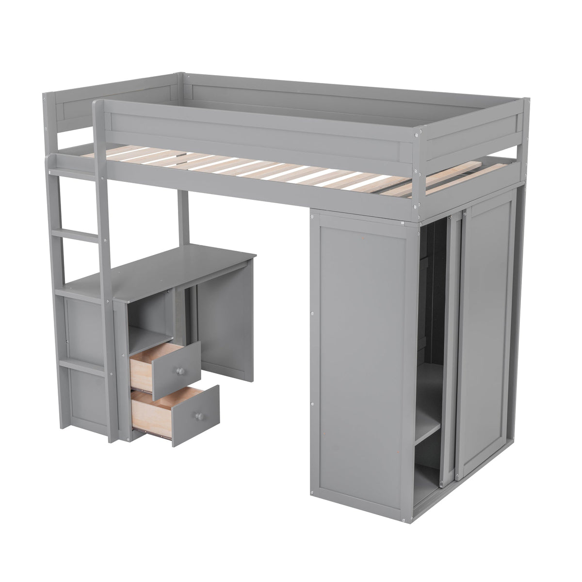 Twin Loft Bed with Desk and Wardrobe for Small Rooms