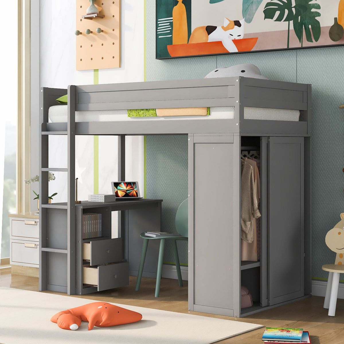 Twin Loft Bed with Desk and Wardrobe for Small Rooms