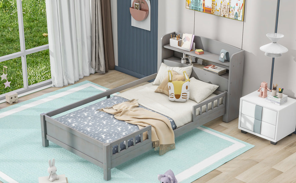 Twin Platform Bed for Kids with LED Headboard Shelf