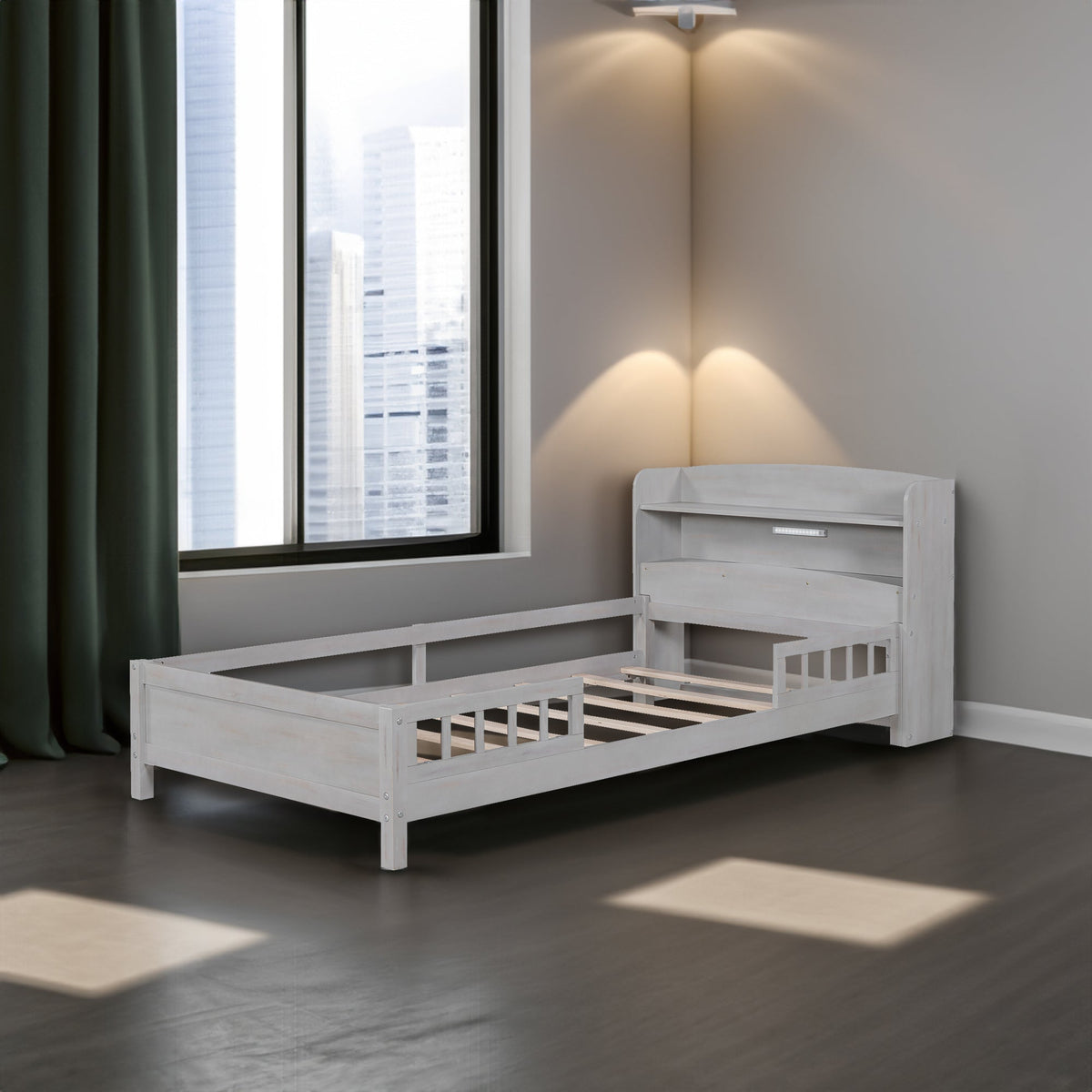 Twin Platform Bed for Kids with LED Headboard Shelf