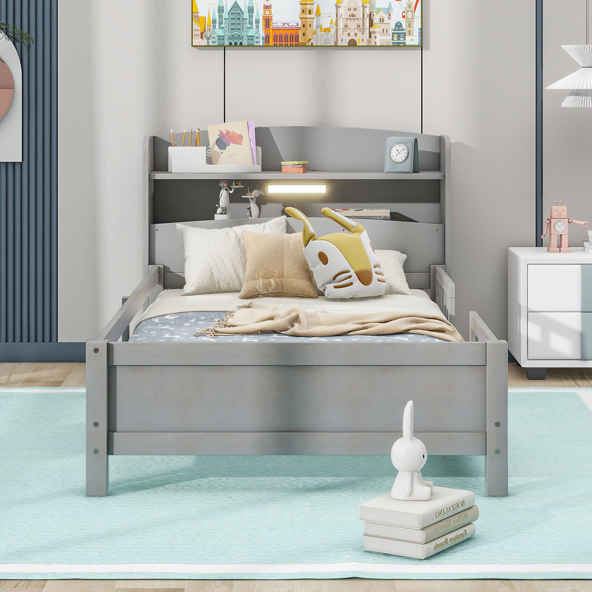 Twin Platform Bed for Kids with LED Headboard Shelf