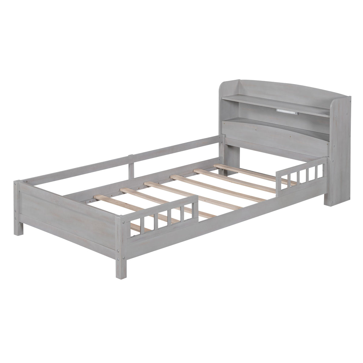 Twin Platform Bed for Kids with LED Headboard Shelf