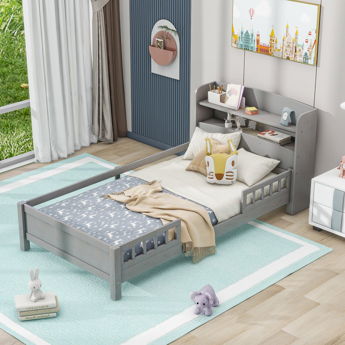 Twin Platform Bed for Kids with LED Headboard Shelf