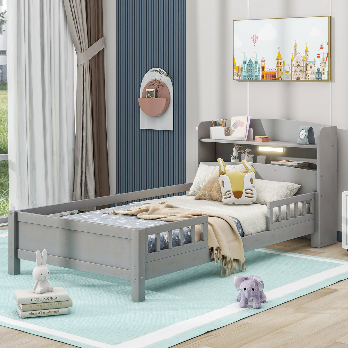 Twin Platform Bed for Kids with LED Headboard Shelf