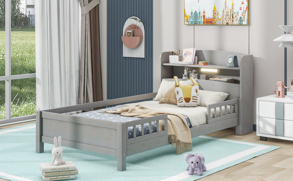 Twin Platform Bed for Kids with LED Headboard Shelf