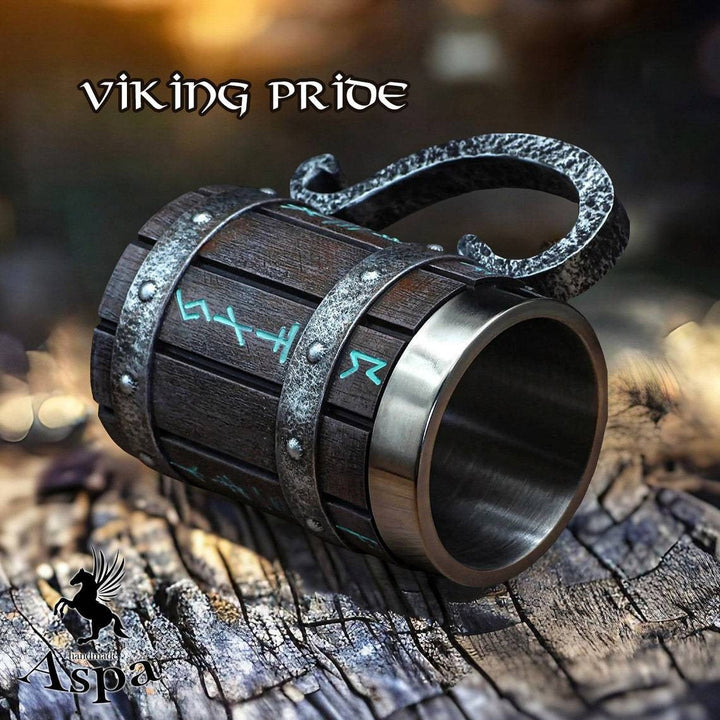 Viking Barrel Beer Mug: Large Stainless-Rim Tankard