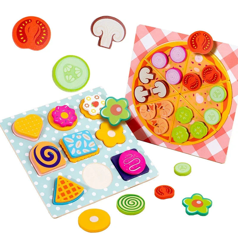 Wooden Pizza & Cookie Puzzle Set for Screen-Free Play