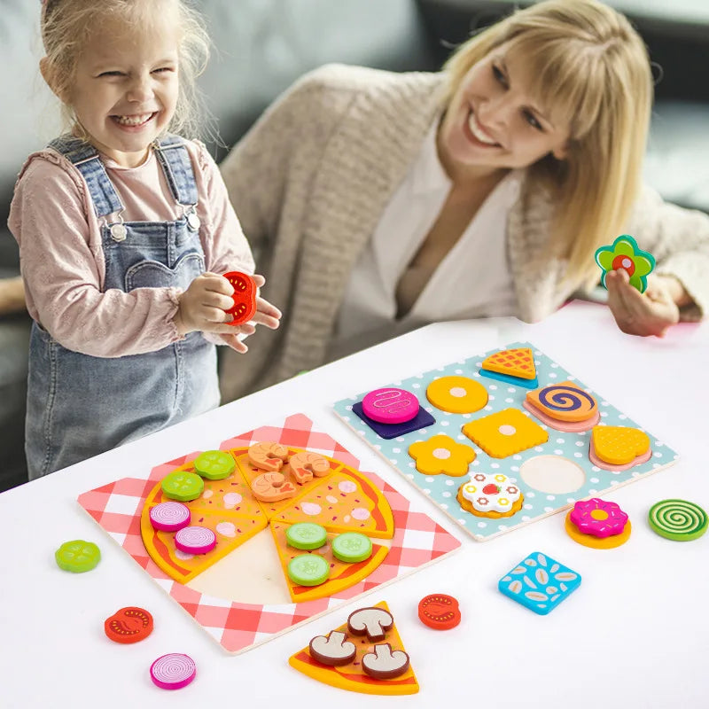 Wooden Pizza & Cookie Puzzle Set for Screen-Free Play
