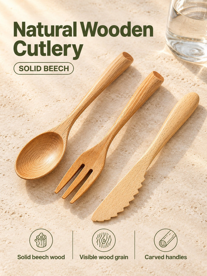 Wooden Cutlery Set: Solid Beech Knife, Fork and Spoon