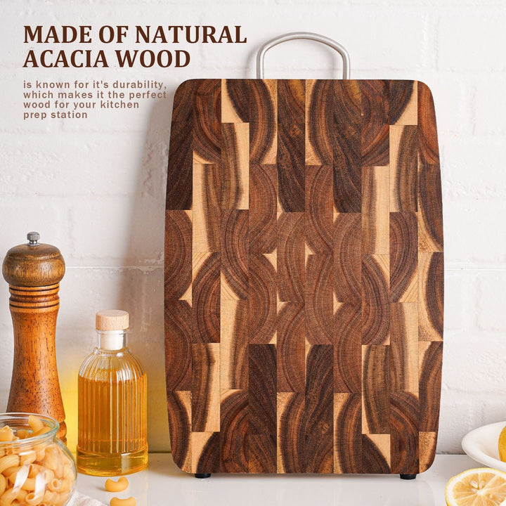End-Grain Acacia Cutting Board with Stainless Handle