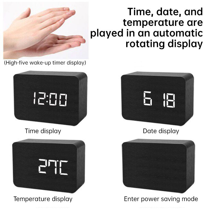 Wooden Digital Alarm Clock with Voice Control & LED Display