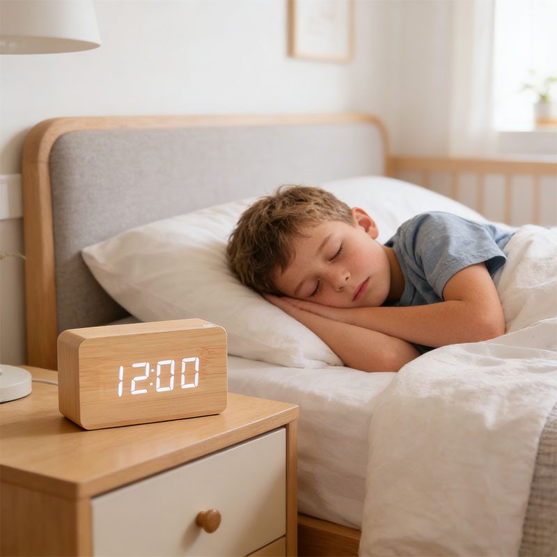 Wooden Digital Alarm Clock with Voice Control & LED Display
