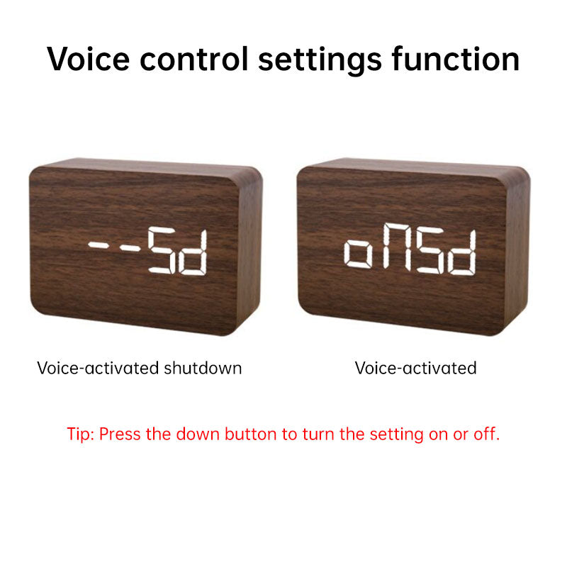 Wooden Digital Alarm Clock with Voice Control & LED Display