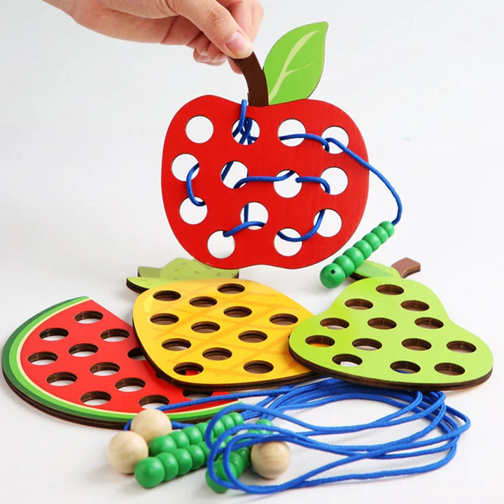 Wooden Fruit Lacing Board Set for Fine-Motor Play