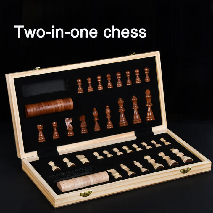 Magnetic Wooden Chess Set with Built-In Checkers Game