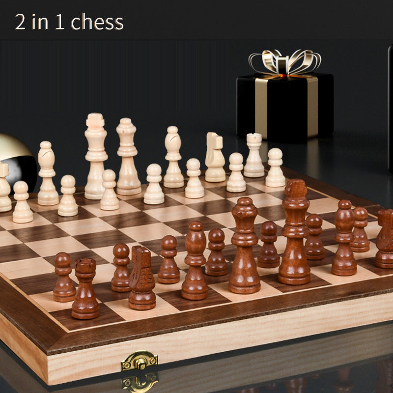 Magnetic Wooden Chess Set with Built-In Checkers Game