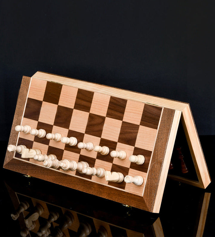 Magnetic Wooden Chess Set with Built-In Checkers Game