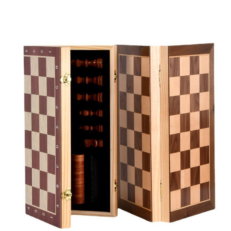 Magnetic Wooden Chess Set with Built-In Checkers Game