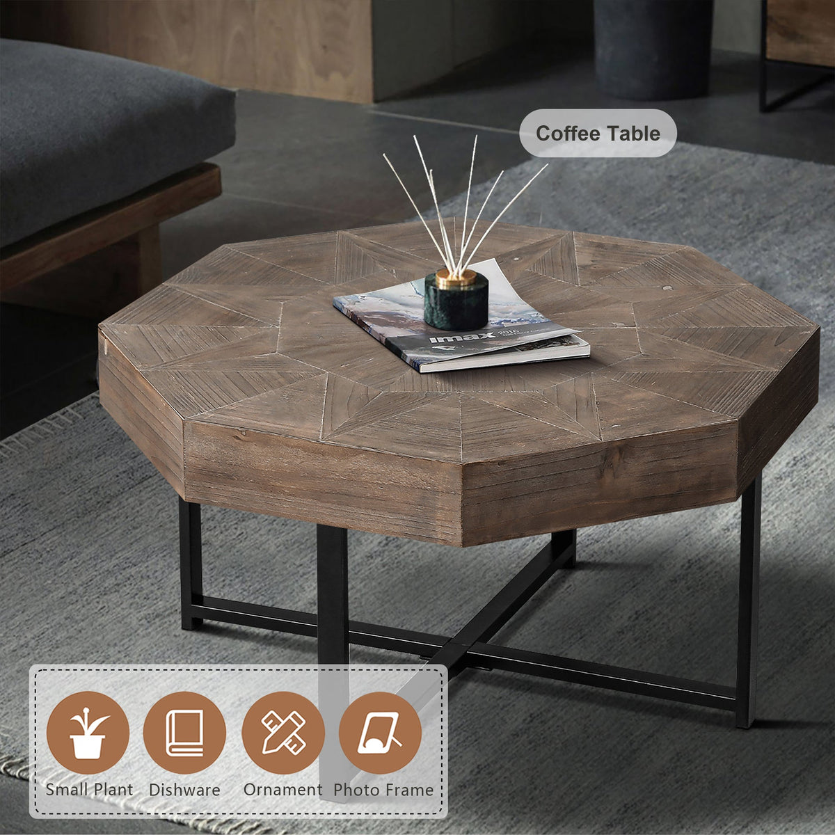 Octagonal Wood Coffee Table, Retro Patchwork, 30 Inch