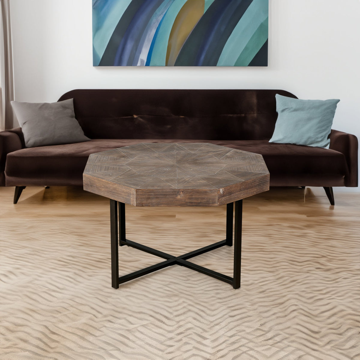 Octagonal Wood Coffee Table, Retro Patchwork, 30 Inch