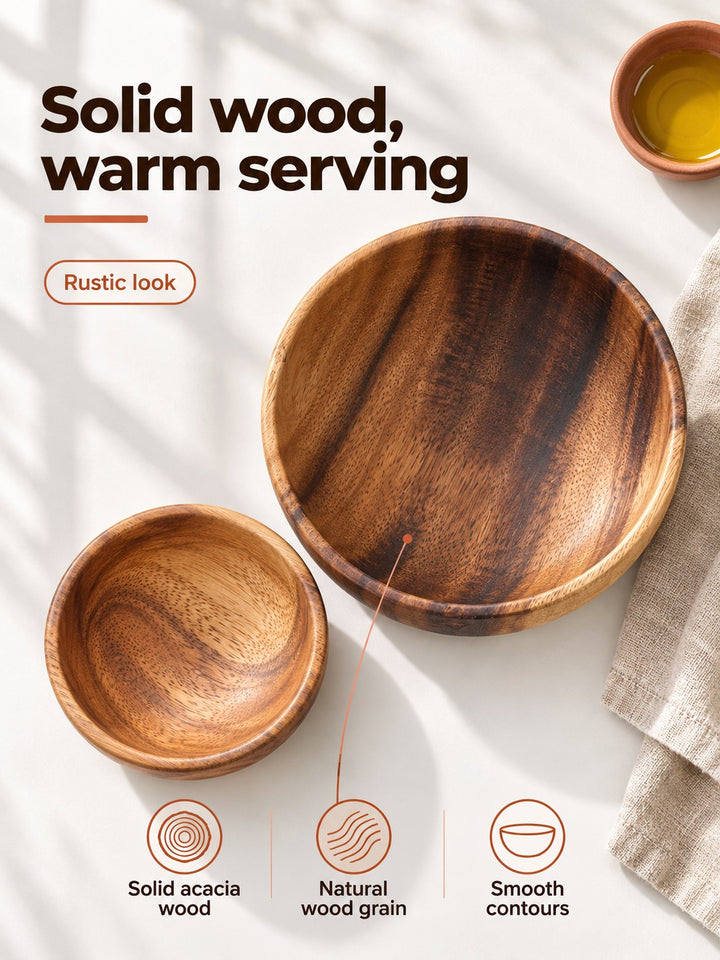 Wooden Salad Bowl Set in Solid Acacia, Rustic Look