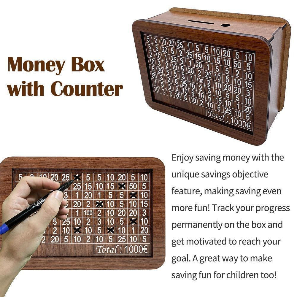 Wooden Savings Money Box with €1,000 Progress Tracker