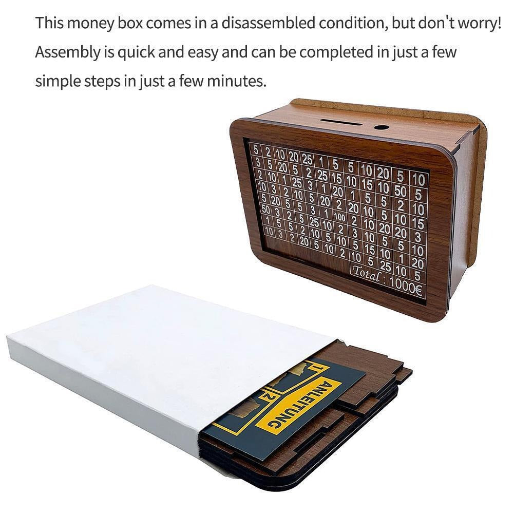 Wooden Savings Money Box with €1,000 Progress Tracker